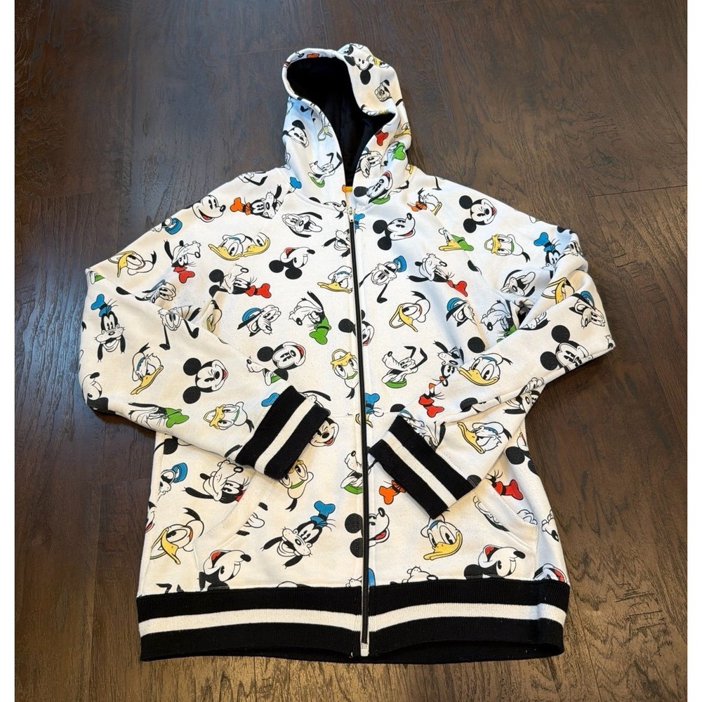 Disney Parks Mickey & Friends Hoodie Jacket Colorful Images Black Cuff SMALL